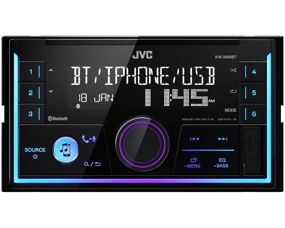 JVC KW-X830BT Auto radio dvodinsk stereo uređaj koji omogućava punu kontrolu Android telefonom sa kojim možete osmisliti osvetljenje prednjeg panela.