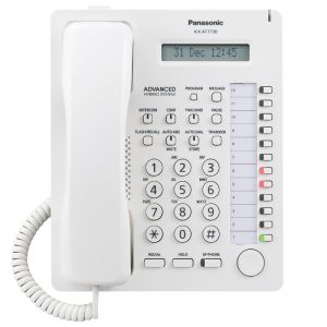 Panasonic KX-AT7730SX-W Sistemski telefon sa 12 programabilnih tastera, jednorednim LCD displejom sa 16 karaktera, Spikerfon, Auto answer i Mute tasterima.