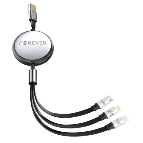 Forever 3u1 (USB-Lightning)+(2x USB-C) 1,2m 100W Kabal crni nudi brzo punjenje i prenos podataka praktično je rešenje za razne uređaje.