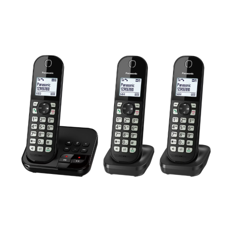 Panasonic KX-TGC463GB Bežični telefon sa tri slušalice i sekretaricom je pouzdan i funkcionalan DECT telefon dizajniran za domove i manje kancelarije 