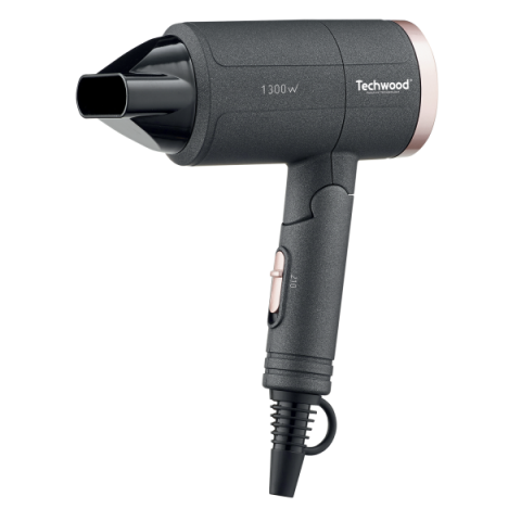 Techwood TSC-1296 Putni fen za kosu snage 1300W, ima 2 brzine, difuzor. Moderan dizajn i klopiva ručka omoćavaju vam da ga ponesete na putovanje. 