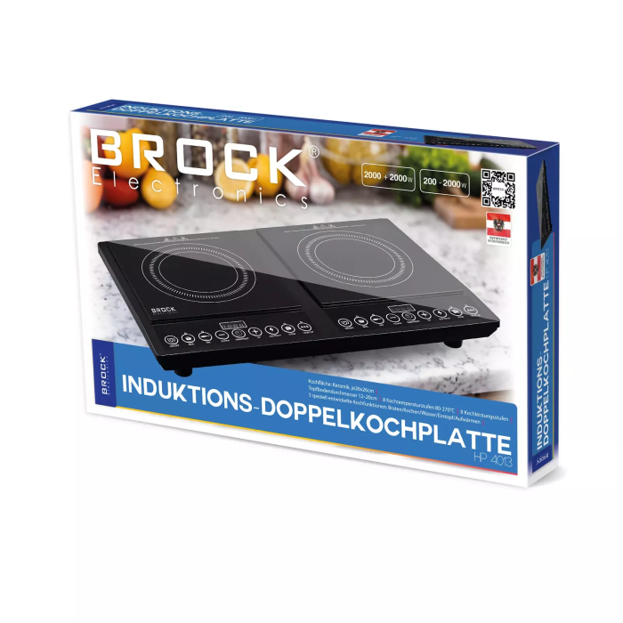 BROCK HP 4013 Indukcioni rešo sa 2 površine za kuvanje 260 x 260mm, snage 2 x 2000W,  8 nivoa temperature i snage kuvanja...
