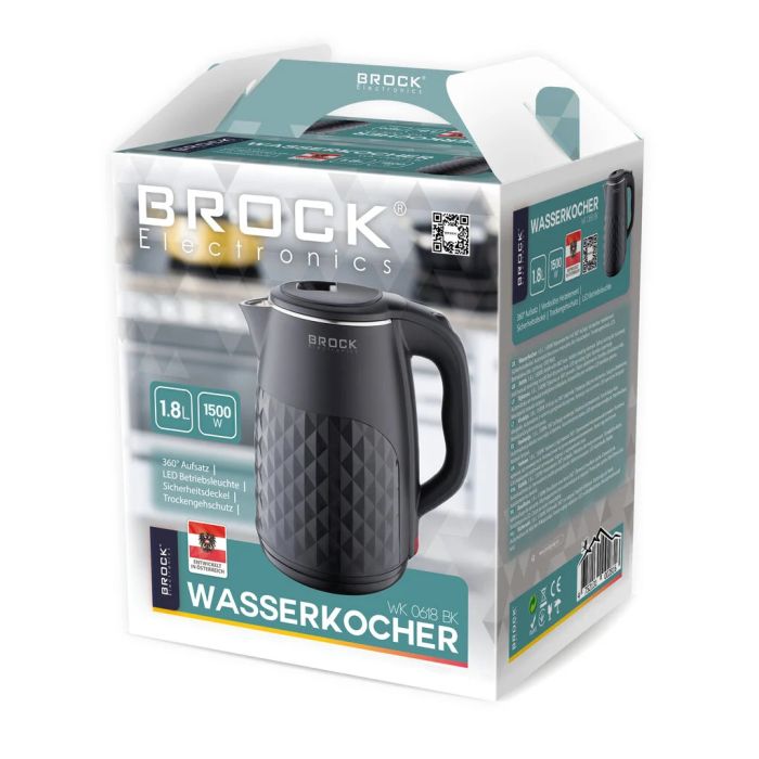 BROCK WK 0618 BK Ketler kapaciteta 1.8 Litara, snage 1500W,  sa postoljem koje se može rotirati za 360°, skivenim grejačem..