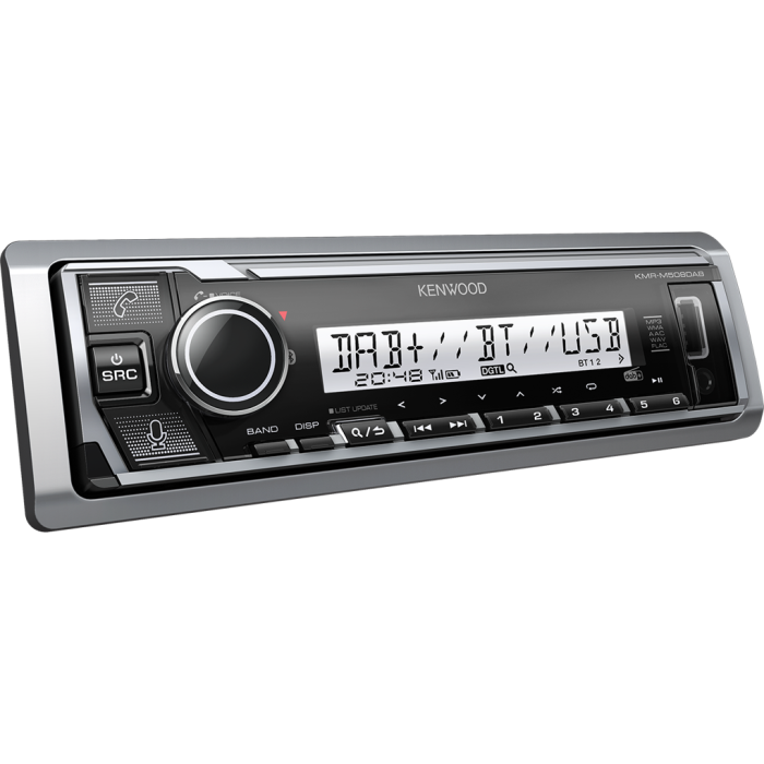 Kenwood KMR-M508DAB Auto radio DAB+ tjunerom , snage 4x50W, promenjivim pozadinskim osvetljenjem, Bluetooth i handsfree-om, idealan za plovila i kabriolete. 