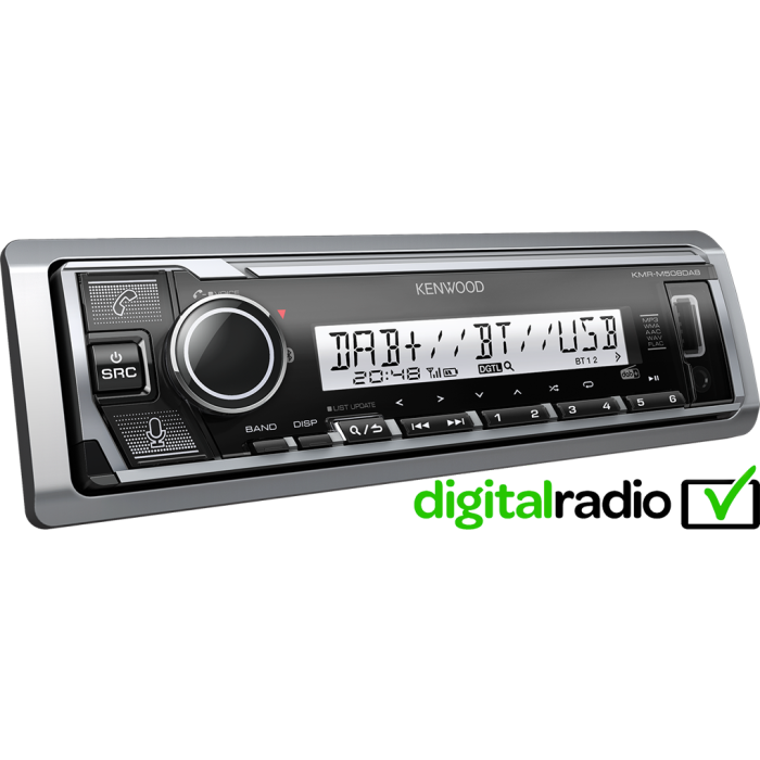 Kenwood KMR-M508DAB Auto radio DAB+ tjunerom , snage 4x50W, promenjivim pozadinskim osvetljenjem, Bluetooth i handsfree-om, idealan za plovila i kabriolete. 