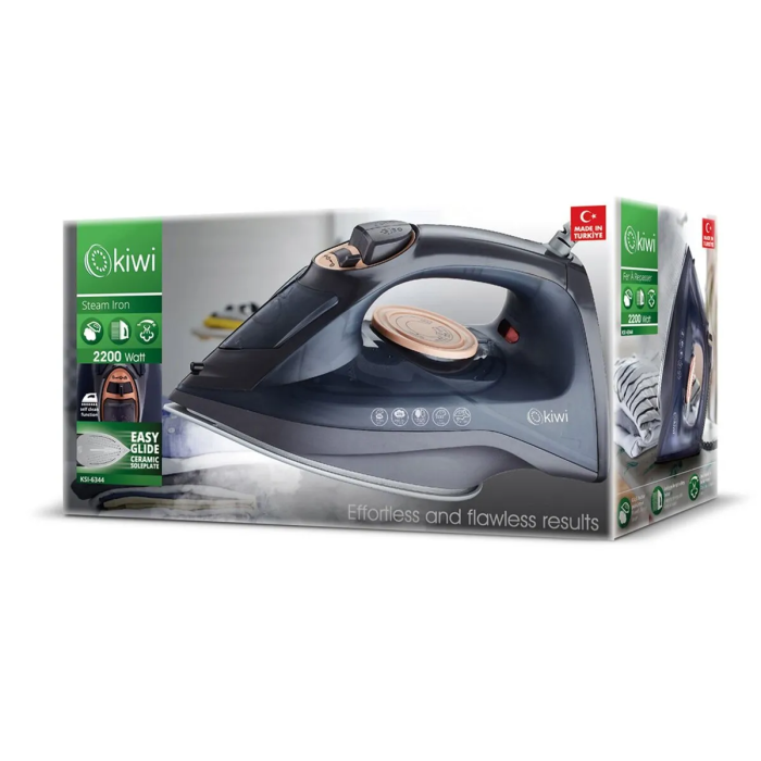 Kiwi KSI 6344 Pegla na paru sa keramičkom podlogom za sve vrste tkanina snage od 2200 W uz izuzetnu efikasnost peglanja sa ispustom pare.