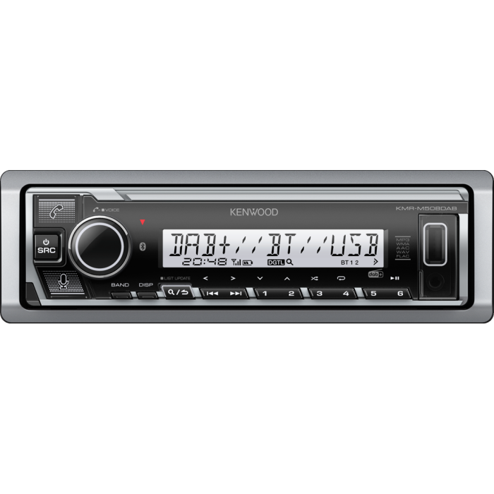 Kenwood KMR-M508DAB Auto radio DAB+ tjunerom , snage 4x50W, promenjivim pozadinskim osvetljenjem, Bluetooth i handsfree-om, idealan za plovila i kabriolete. ,Kenwood KMR-M508DAB Auto radio DAB+ tjunerom , snage 4x50W, promenjivim pozadinskim osvetljenjem,
