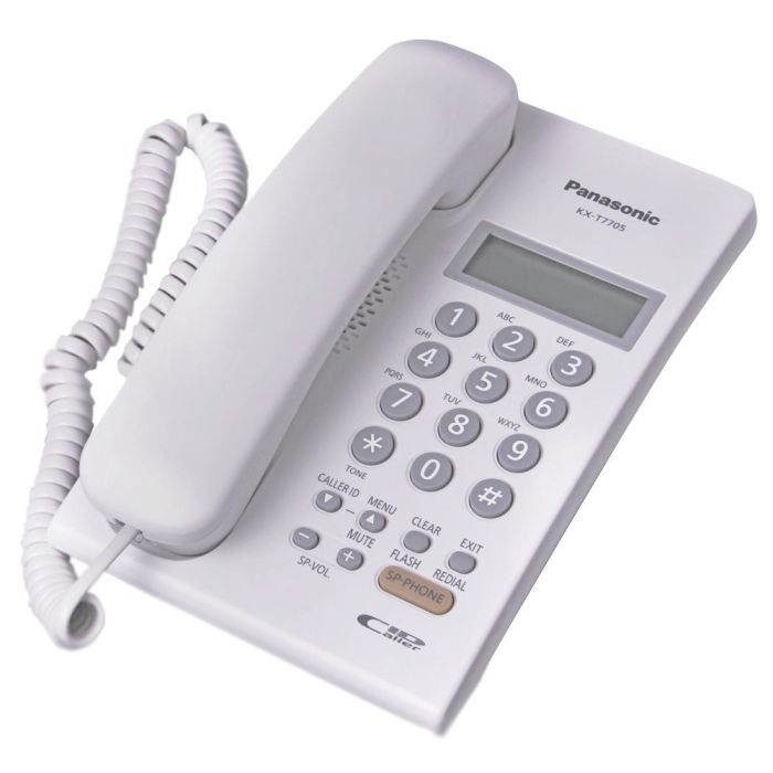 Panasonic KX-T7705X Žični telefon sa LCD ekranom u dva reda (16 cifara), caller ID, Redial, spikerfonom i mogućnošću  zidne montaže.