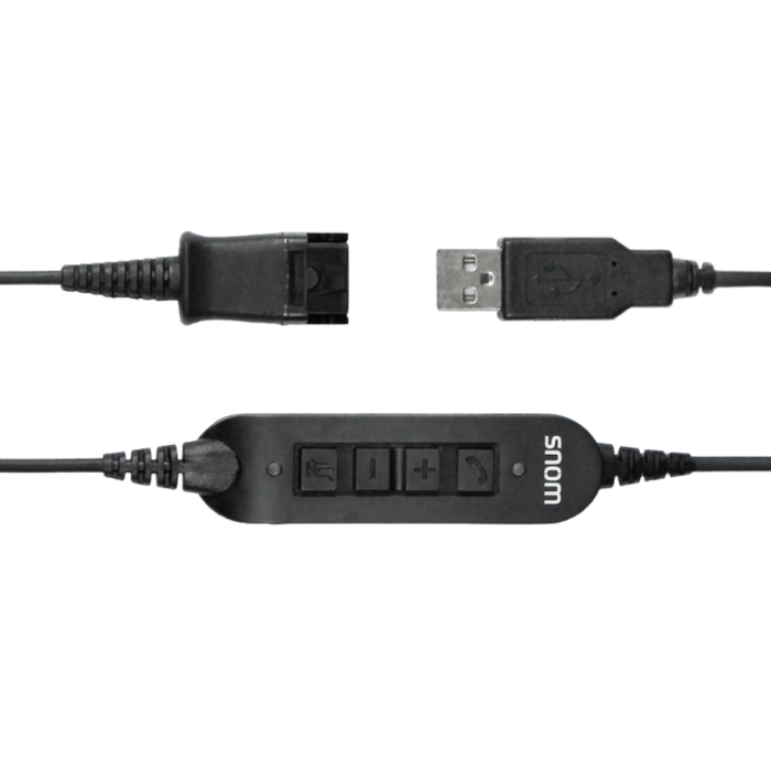 Snom ACUSB Kabal adapter povezuje slušalice Snom A100M/A100D sa svakim Snom stonim telefonom putem USB veze kao i PC (Windows, Mac OS, Linux) sa USB vezom .