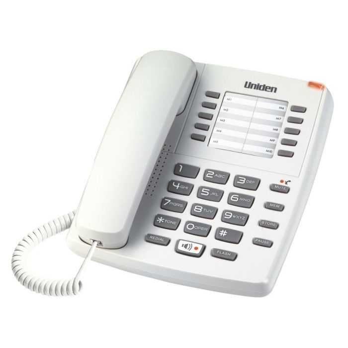 Uniden AS7301W Žični telefon sa svetlosnim indikatorom za poruke, 10 memorijskih tastera, redial tasterom, spikerfonom i mogućnošću montiranja na zid.