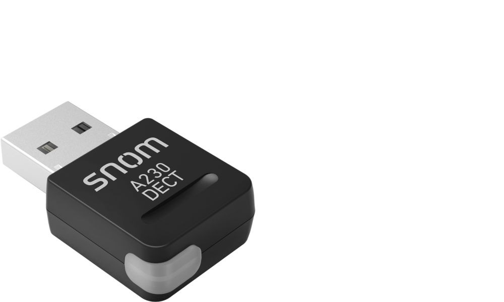 Snom A230 USB DECT Adapter. Omogućava povezivanje sa Snom A150 Slušalicama i Snom C52-SP konferencijskim spikerfonom za konferencijske razgovore. 