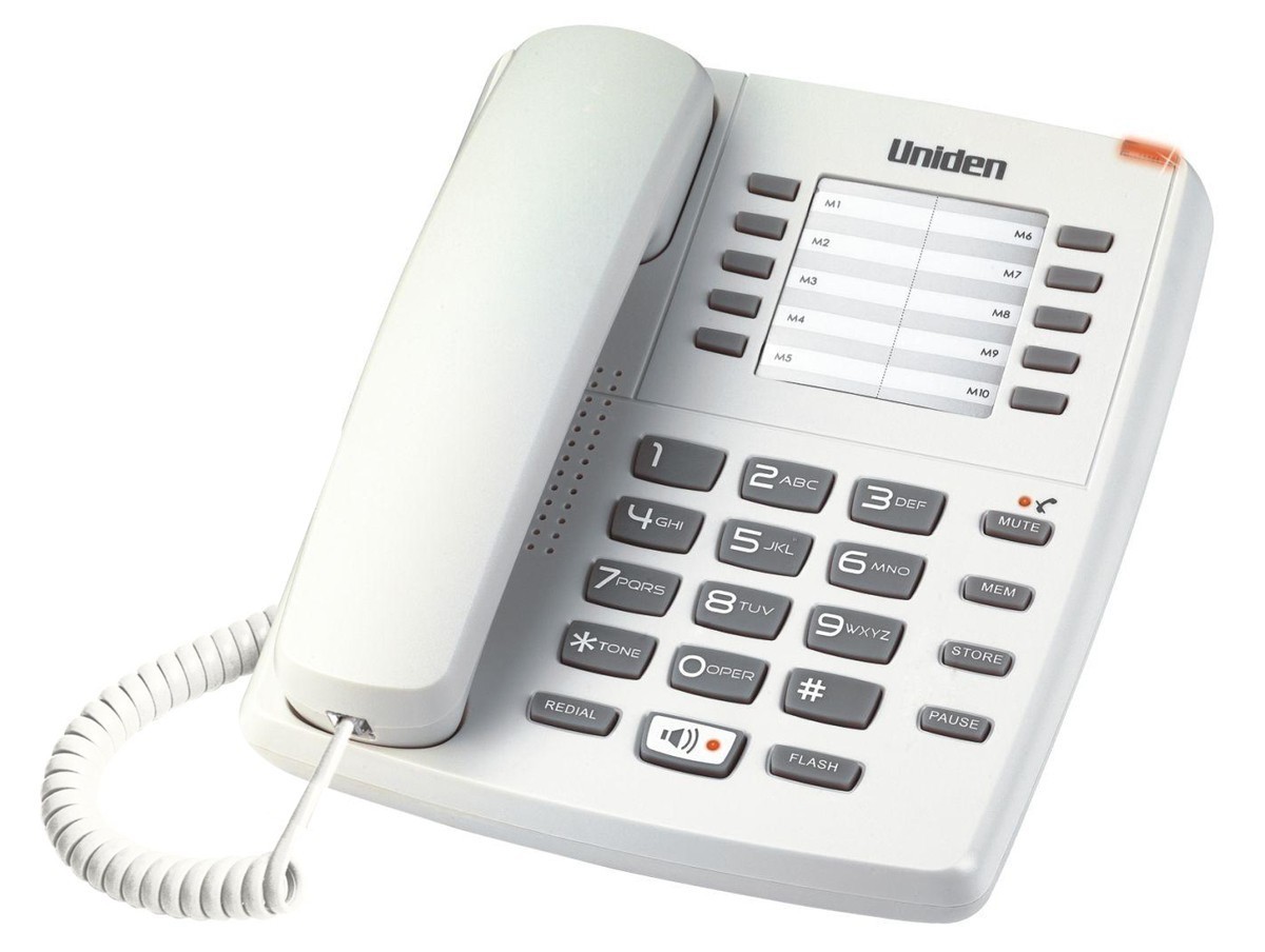 Uniden AS7301W Žični telefon sa svetlosnim indikatorom za poruke, 10 memorijskih tastera, redial tasterom, spikerfonom i mogućnošću montiranja na zid.